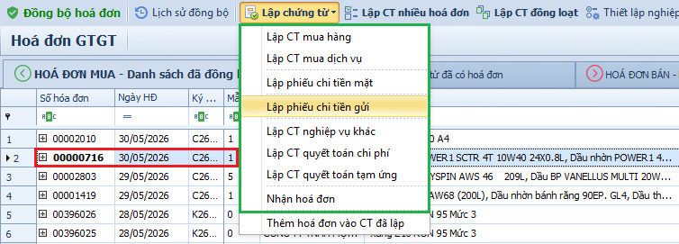 Tạo chứng từ tự động từ hoá đơn điện tử đã đồng bộ từ Tổng cục thuế